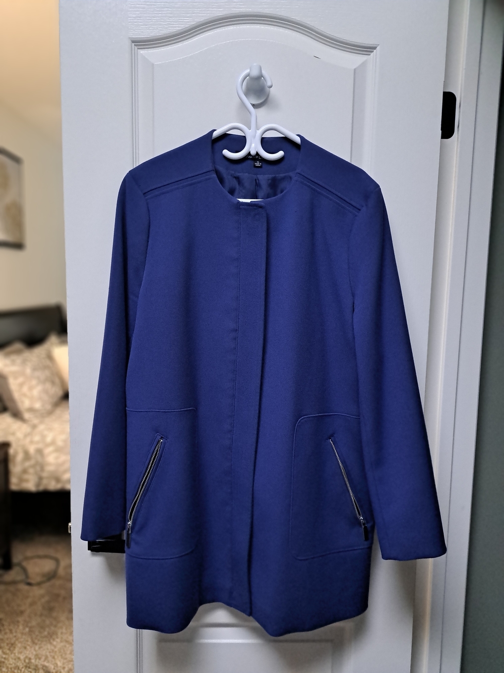 Kenneth Cole New York Midnight Blue Collarless Zip-Pocket 3/4 Length Coat